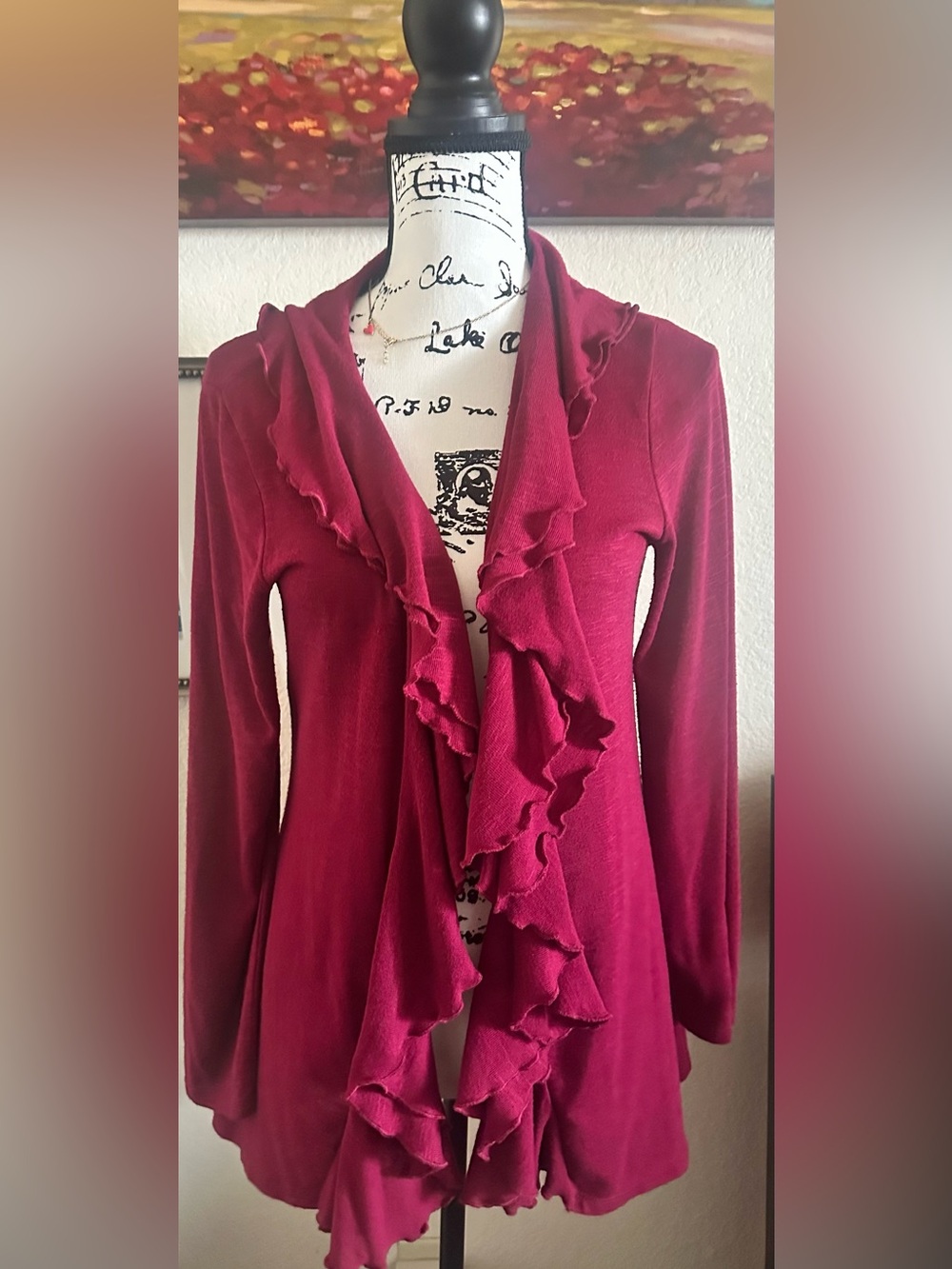 Womens Ruffled Open Front Cardigan Sweater - Burgundy